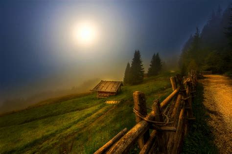 Forest Hut Mountains Mystic Atmosphere Road Grass Fence