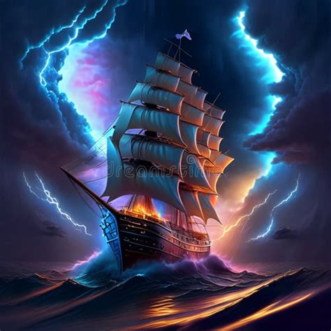 Pirate Ship In Stormy Sea With Lightning 3d Rendering Ai Generated