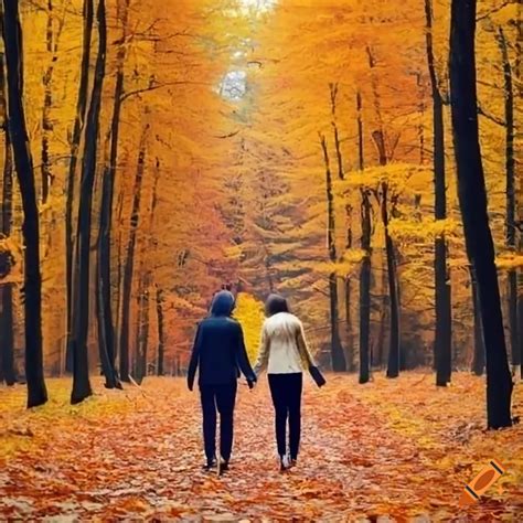 Couple Walking Through An Autumn Forest