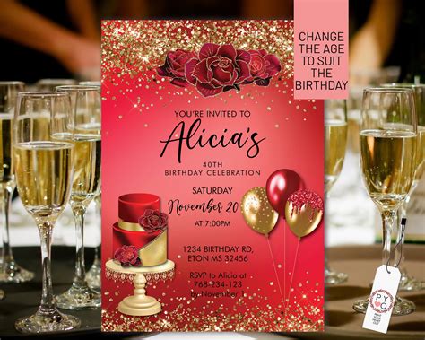 Any Age Birthday Red Rose Gold Glitter Cake Balloons Invitation