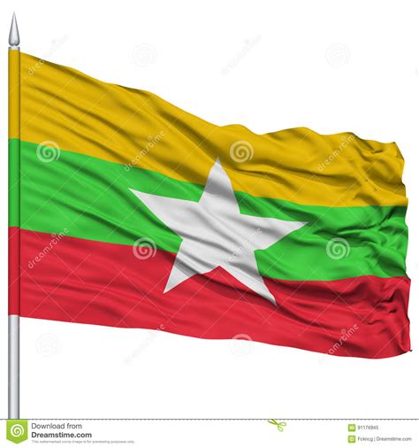 Myanmar Flag on Flagpole stock illustration. Illustration of star ...