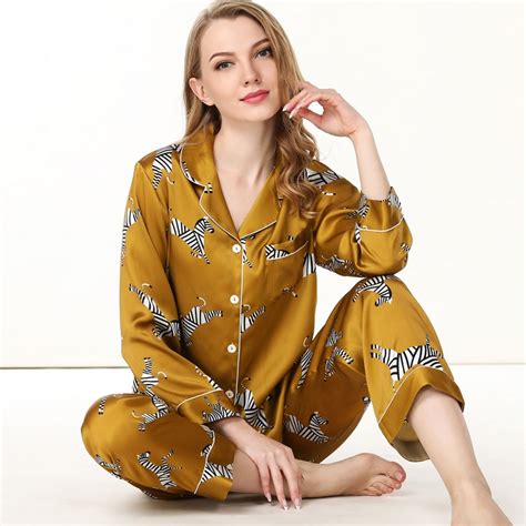 Golden Zebra 100 Silk Pajamas Sets Women Elegant Long Sleeve Sexy