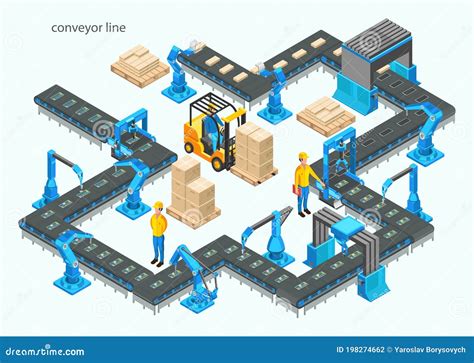 Automatic Factory With Conveyor Line And Robotic Arms Assembly Process