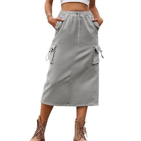 Chouyatou Women S Vintage Y K Elastic High Waist A Line Jeans Mid Cargo Denim Skirt With Pockets