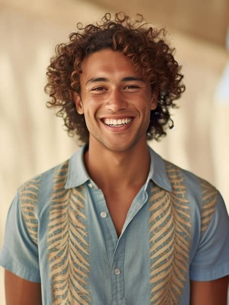 Premium Ai Image A Man With Curly Hair And A Blue Shirt With A Yellow