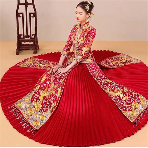 Bride Traditions Red Women Phoenix Embroidery Cheongsam Long Qipao Wedding Dresses Traditional
