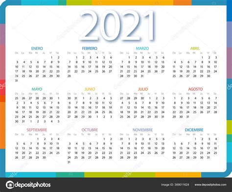 Calendario 2021 Español Sobre Fondo Blanco Calendario Colorido 2021 Año Stock Vector By