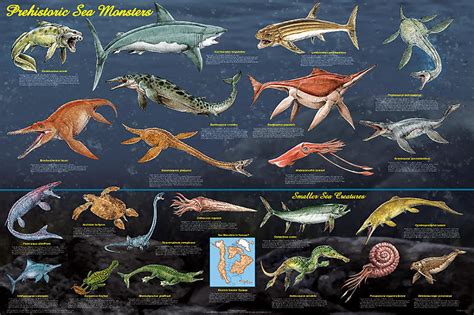Prehistoric Sea Monsters Poster Mosasaurus Megalodon Trilobite