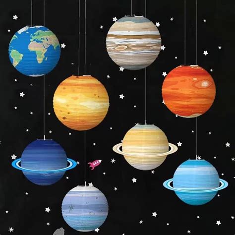 8pcs Planet Rocket Foldable Starry Paper Lanterns Hanging Outer Space