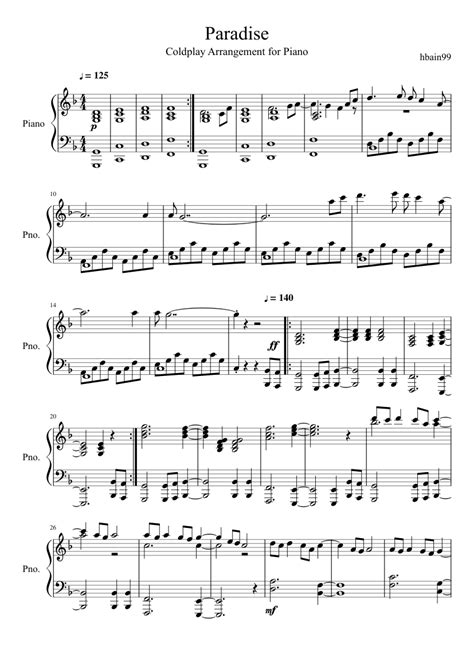 Paradise Coldplay Piano Arrangement Sheet Music For