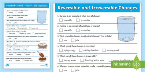 Reversible And Irreversible Changes Paper Quiz Twinkl