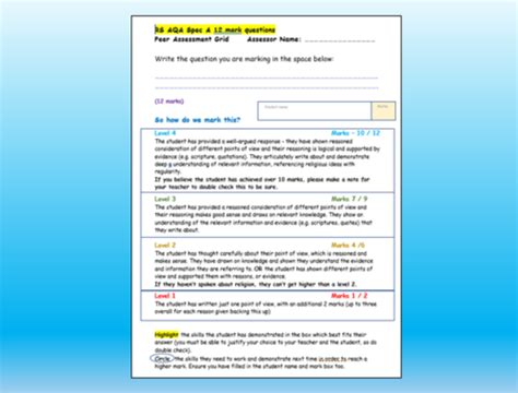 Rs Aqa Gcse Easy Peer Assessment Grid Teaching Resources