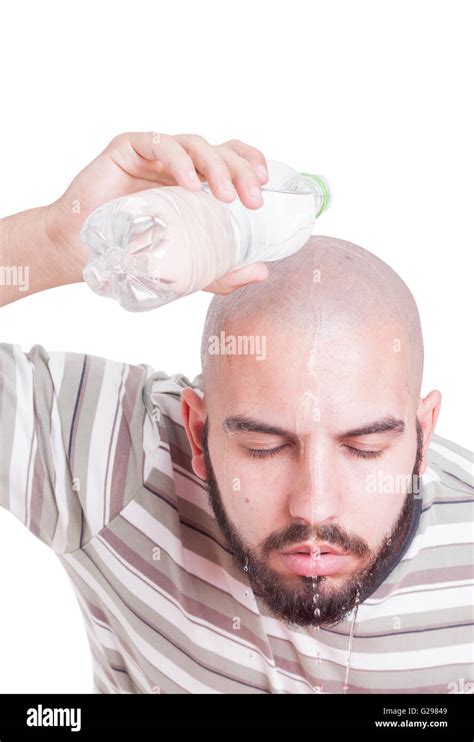 Man Cooling By Pouring Water Over Head In Summer Heat Hydration Or