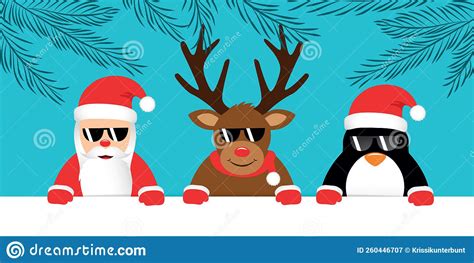 Cute Reindeer Santa Claus And Penguin With Sunglasses Christmas Cartoon Stock Vector