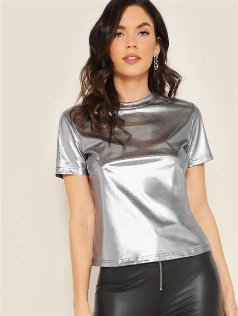 Metallic Tee Round Neck Tops Metallic Top Women