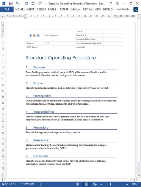 Standard Operating Procedure Templates Ms Wordexcel Templates