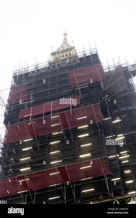 Big Ben Clock Tower And Scaffolding Under Renovation In Westminster
