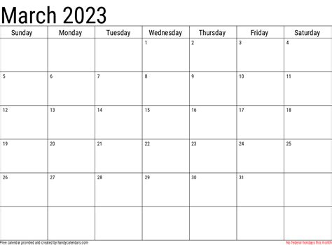 March 2023 Calendar With Holidays Handy Calendars