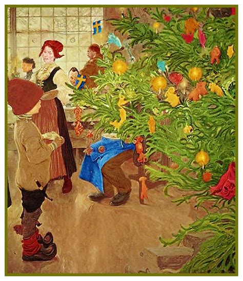 Carl Larsson Boy Looking Christmas Tree Counted Cross Stitch Chart
