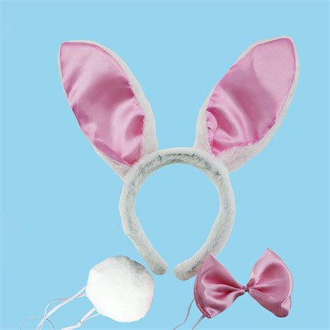 Pink Satin Bunny Ear Headband Bow Tie Tail 3pcs Set For Women Girls