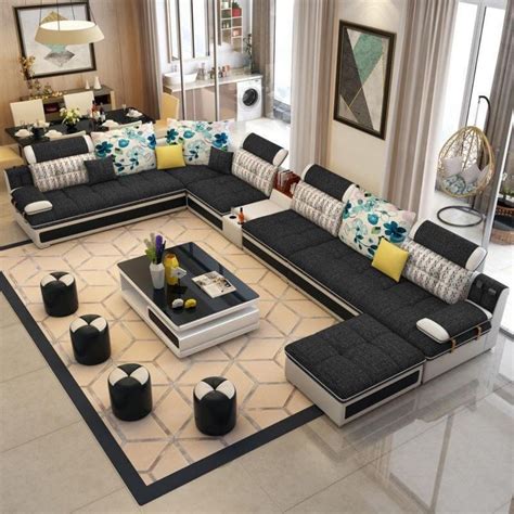 Luxury Modern U Shaped Leather Fabric Corner Sectional Sofa Set Design