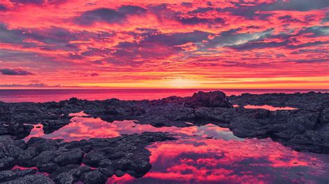 Horizon Sea Nature Landscape Sunset Reflection Clouds Pink Rock