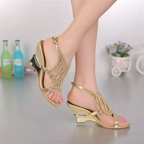 Summer New Fashion Wedding Shoes Gold Color Wedges Heels Dress