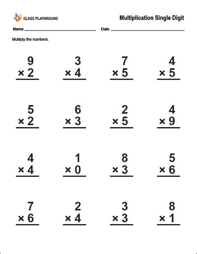 Printable Multiplication Single Digit Worksheet Class Playground