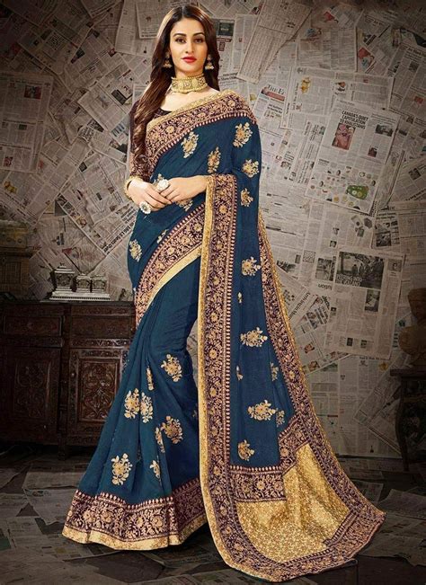 Buy Dark Teal Embroidered Saree Embroidered Sari Online Shopping