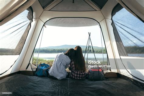 Asian Lgbtq Couples Sit Romantically On Their Shoulders Inside A Camping Tent Lgbtq Couples Sit