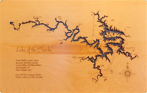Wood Laser Cut Map Of Lake Of The Ozarks Mo Topographical