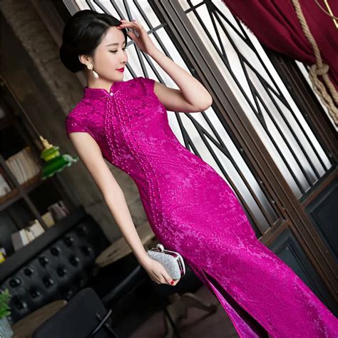 Novelty Fashion Red Womens Long Cheongsam Top Selling Chinese Female Lace Qipao Dress Vestidos