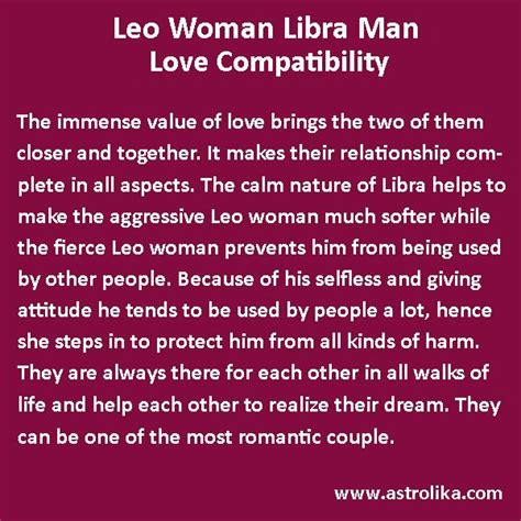 Add the wind that is fueling the fire, and you have a passionate connection as well with a lot of chemistry that will fuel romance for as long as this pair desires. Leo Woman and Libra Man Love Compatibility | Aquarius men ...