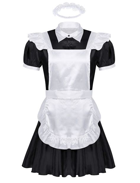 Buy Mens Sissy Satin Frilly Short Sleeve Dress French Maid Uniform Cosplay Costume Fancy Dress