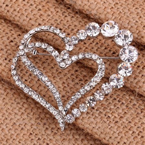 Silver Plated Tone 2 Layered Love Heart Brooch Pin Round Crystal T Lady T Pearl Brooch