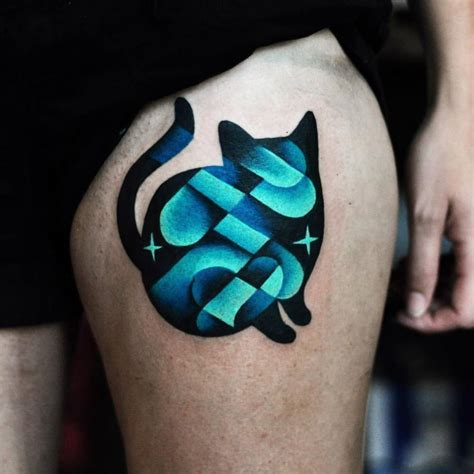 Psychedelic Cat Tattoo On The Left Thigh