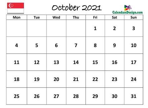 October 2021 Calendar Singapore