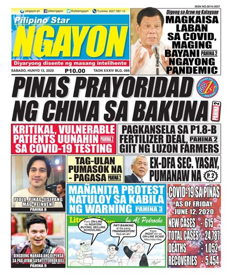 Pilipino Star Ngayon June 13 2020 Newspaper Get Your Digital Subscription