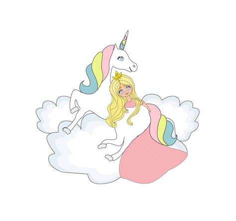 Beautiful Young Princess And Unicorn Clouds Isolated Tale Vector