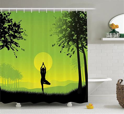 Yoga Shower Curtain Set Meditating Lady Under Sunset Sky In The Forest Serenity Balance Soul