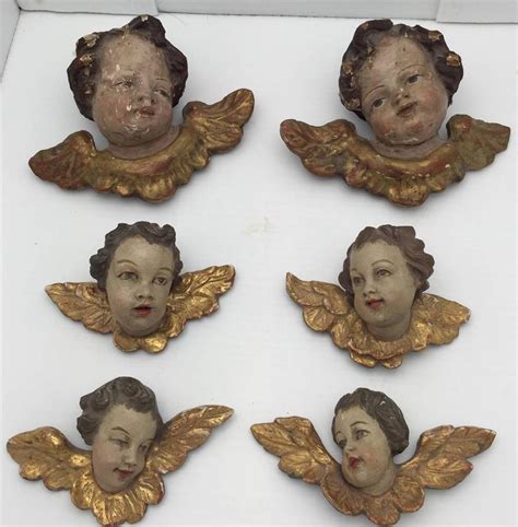 6 Beautiful Hand Carved Wooden Cherub Figures Early To Mid 19th Century