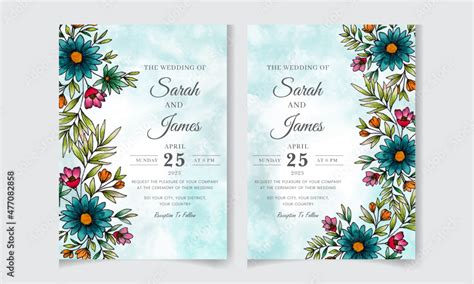 Set Of Hand Drawn Watercolor Floral Wedding Invitation Card Template