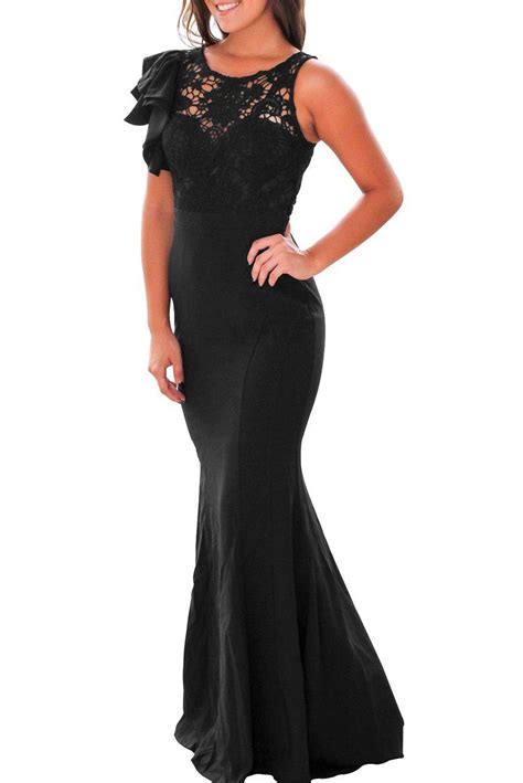 Elegant Black Ruffle Sleeve Crochet Top Maxi Evening Dress