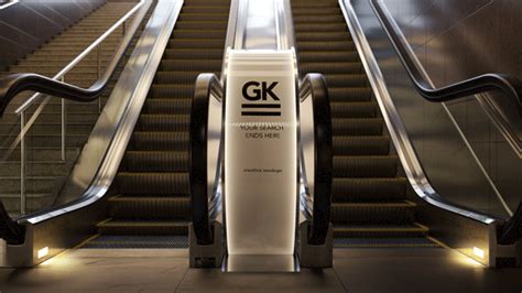The billboard holds an image of 2500x500px. 3D Animated Escalator / Lightbox Mockup on Behance