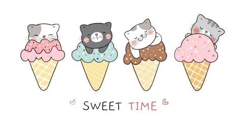 Draw Collection Cat In Ice Cream Cones For Summer Vector Illustration