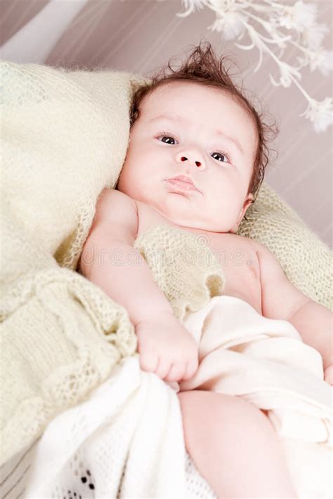 Sweet Little Baby Infant Toddler On Blanket In Basket Stock Photo
