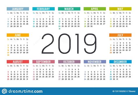 Year 2019 Calendar Vector Template Stock Vector Illustration Of