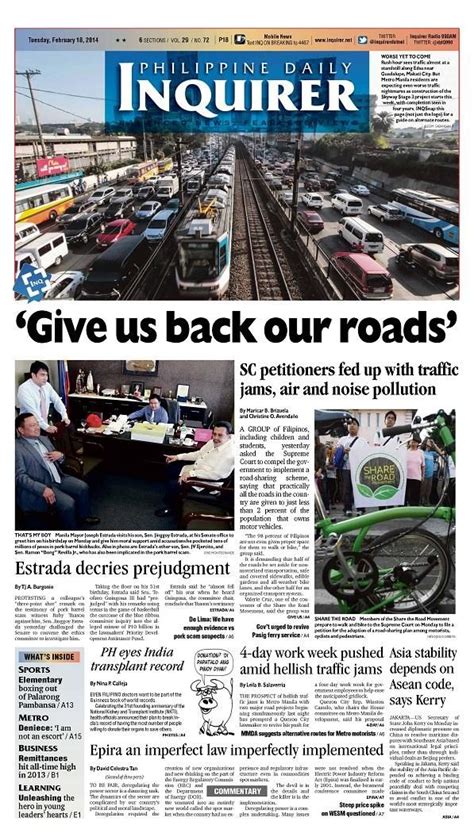 The Front Page Of An Inquirer Newspaper With Cars And People Sitting On