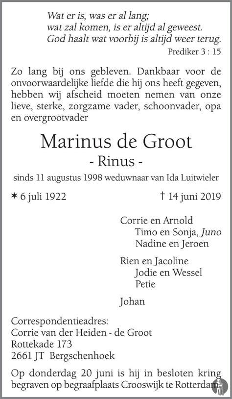 Marinus Rinus De Groot 14 06 2019 Overlijdensbericht En Condoleances