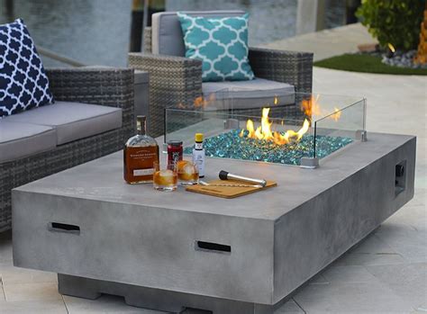 Rectangular Modern Concrete Fire Pit Table W Glass Guard And Crystals